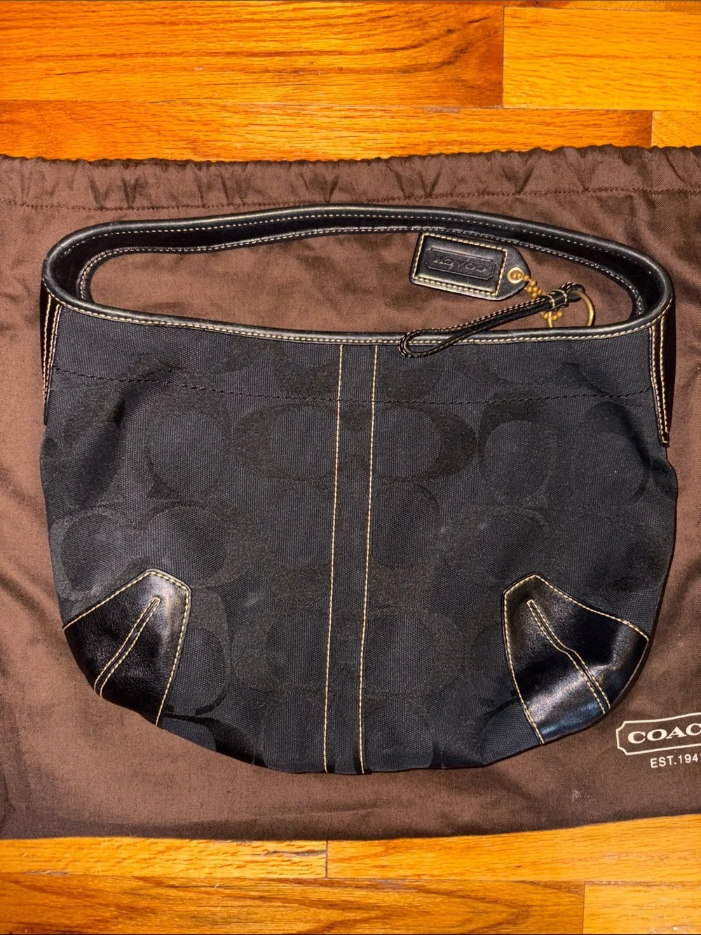 Coach Black Signature Canvas Shoulder Bag with Leather Trim